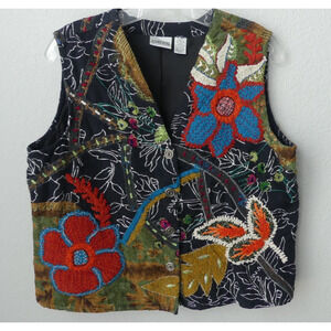 Vtg Chicos Floral Embroidered Womens Vest Sz 2 L Boho Double Sided Art to Wear